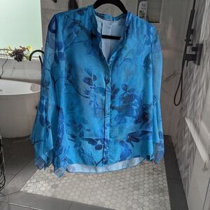 Elie Tahari Blue Boxy Blouse with Mandarin Collar